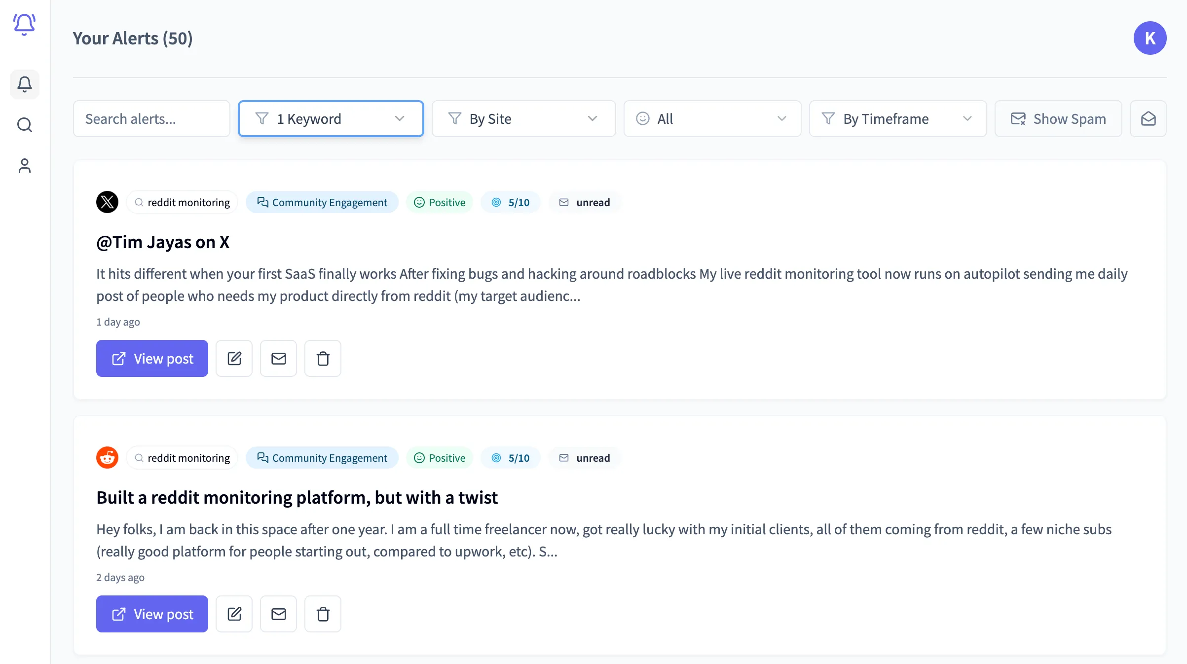 Alertly alerts view product screenshot